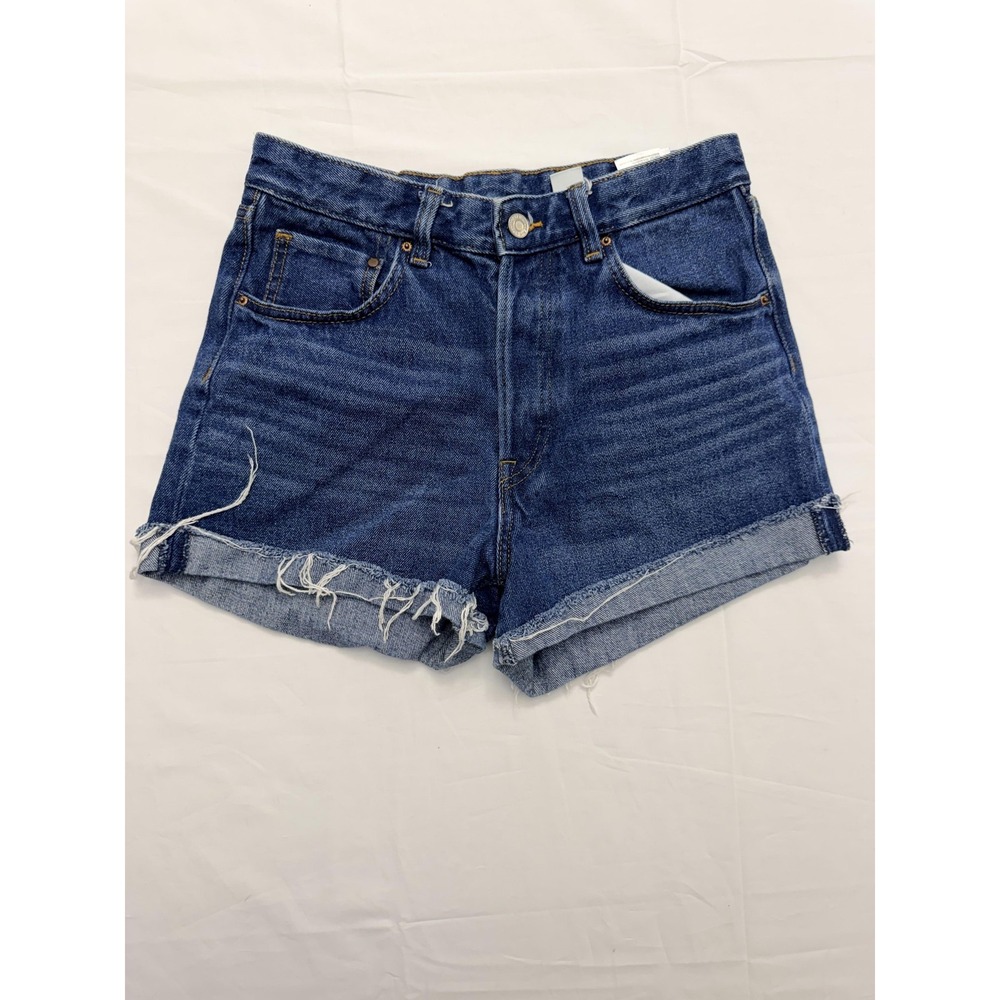 H&M Shorts Womens 6 Blue High Waist Denim Cutoff Raw Fringe Hem Casual